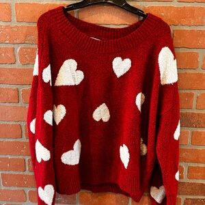 Maurices Red and White Heart Knit Crew Neck Sweater